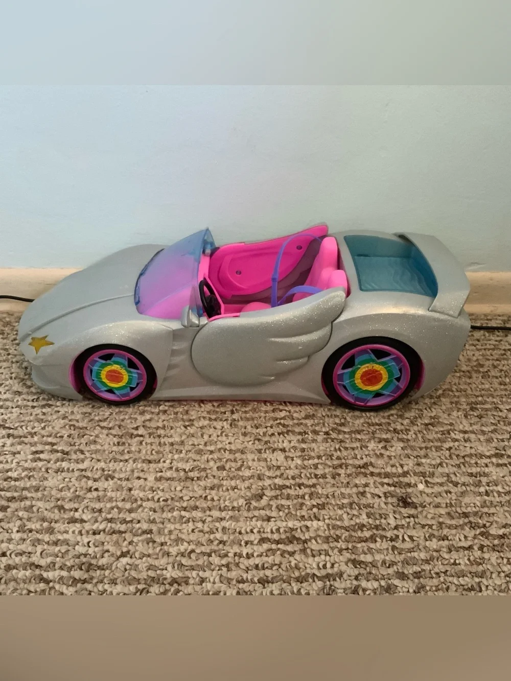 Barbie Extra Sparkly Convertibler Toy Car with Rainbow Wheels